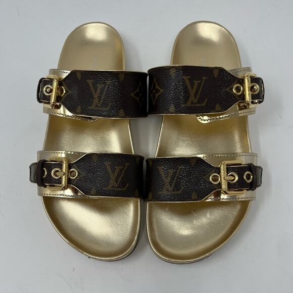 Louis Vuitton Brown Gold Buckle Bom Dia Monogram Flat Slide Sandals 37 Mule - Picture 1 of 8